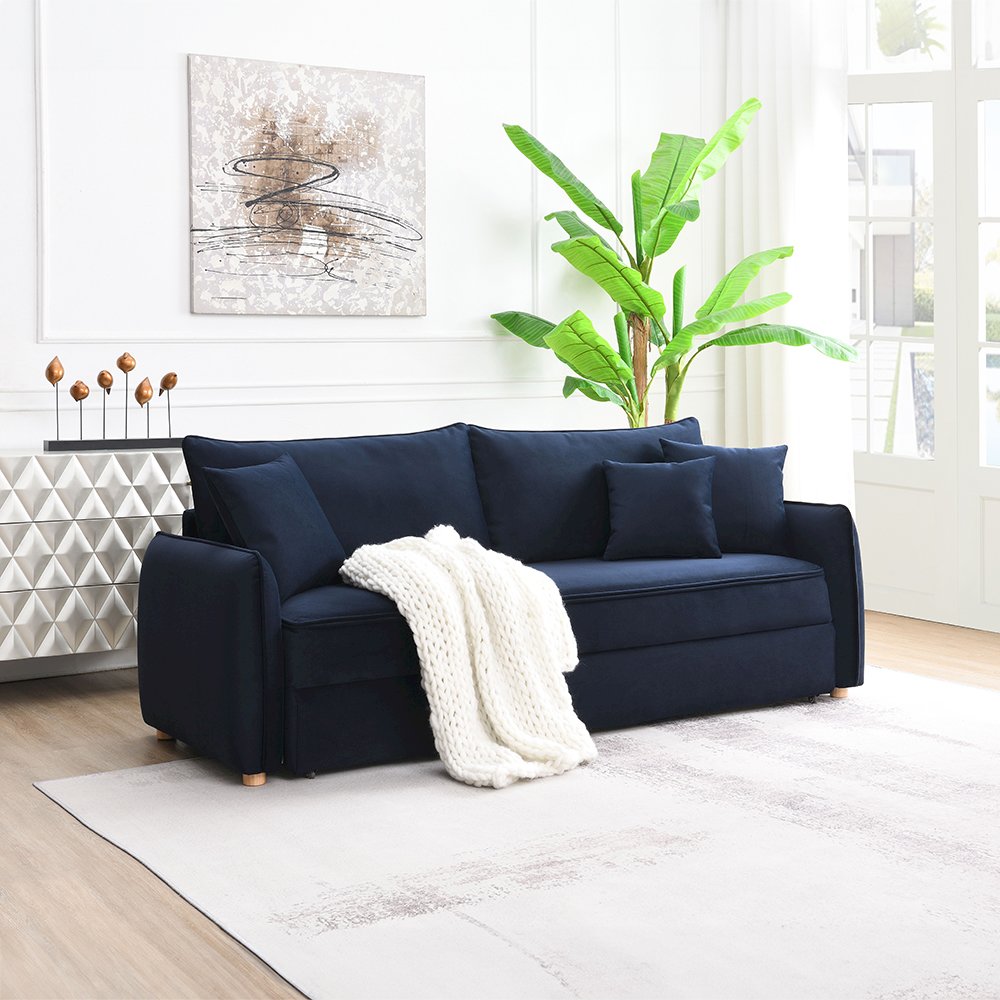 Irina Sofa w/Sleeper & 3 Pillows (Full), Blue Velvet