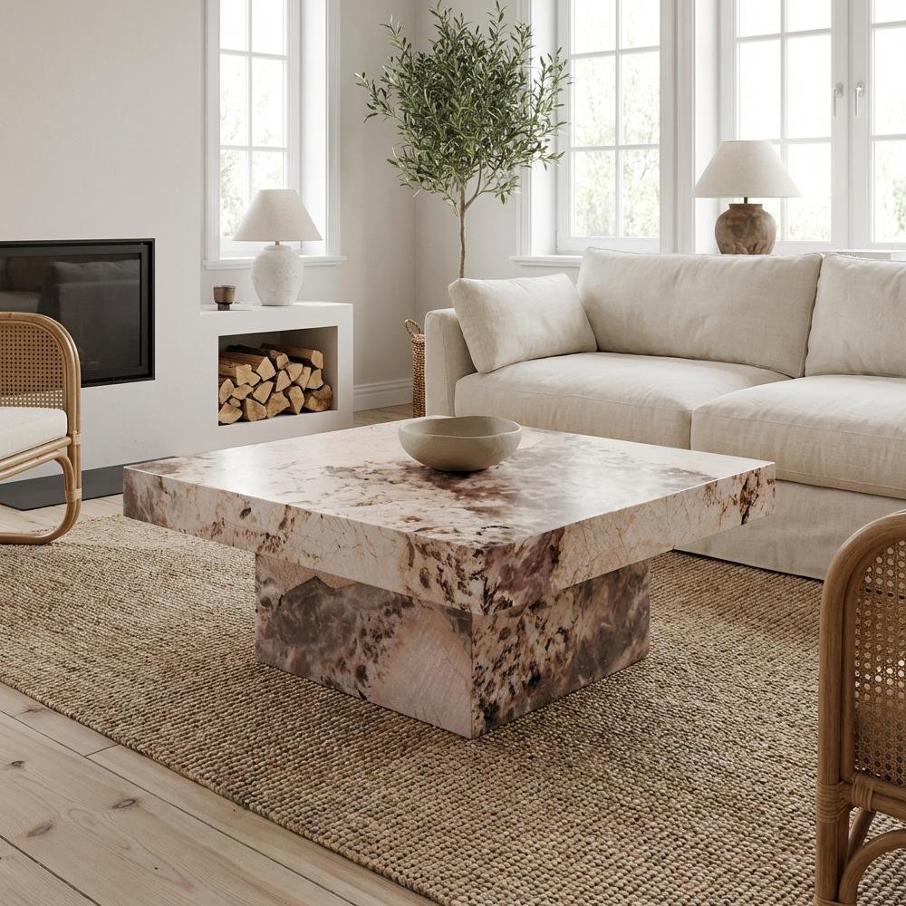Engineered Stone Finish Coffee Table Single Piece Durable Surface, Modern Design