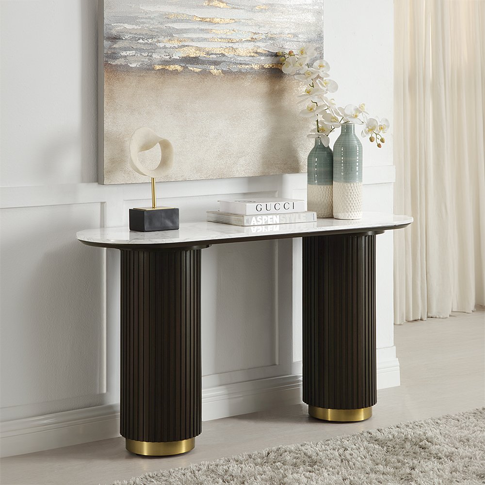 Clayten Sofa Table, White Engineering Natural Marble Top & Espresso