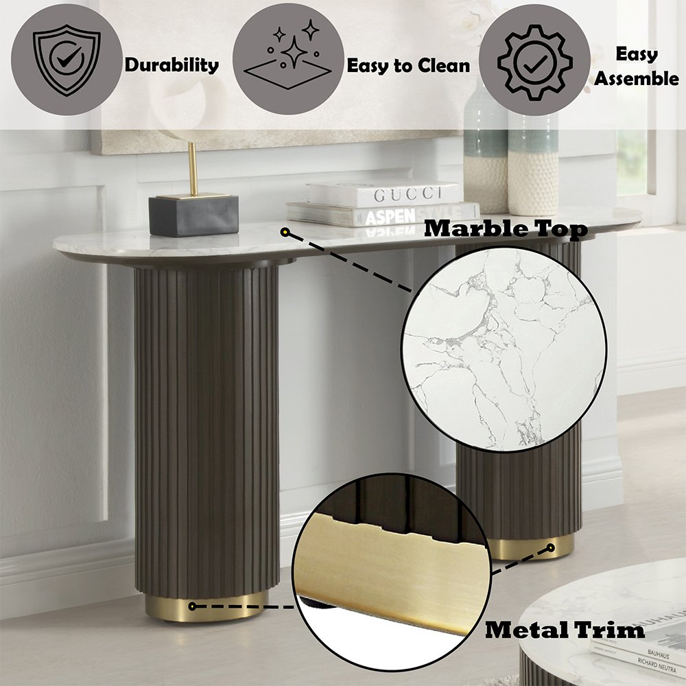 Clayten Sofa Table, White Engineering Natural Marble Top & Espresso