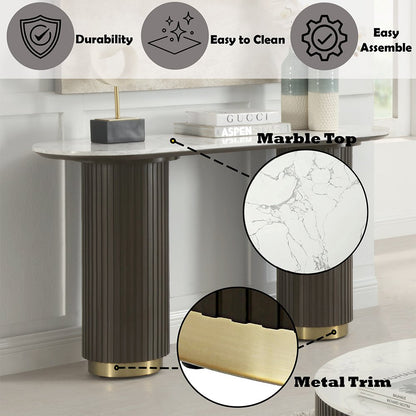 Clayten Sofa Table, White Engineering Natural Marble Top & Espresso