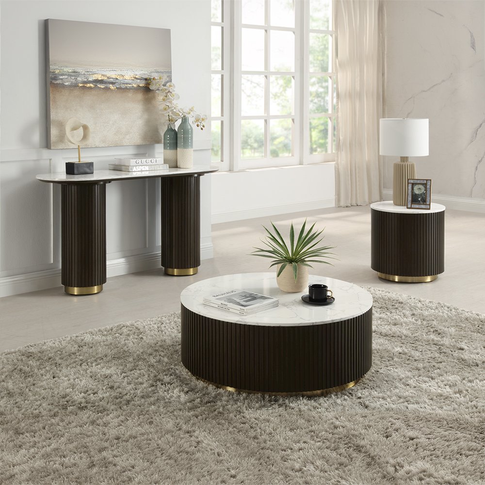Clayten Sofa Table, White Engineering Natural Marble Top & Espresso