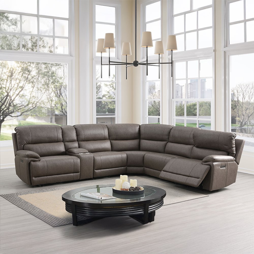 Kantu Power Motion Sectional Sofa w/USB Port, Brown Leatherette