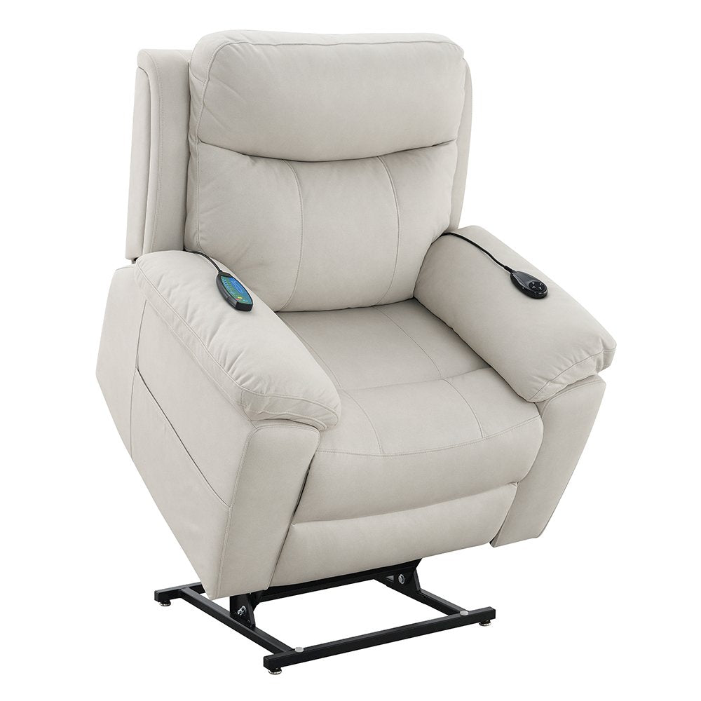 Chriki Power Recliner w/Lift & Heating & Massage, Beige Polished Microfiber