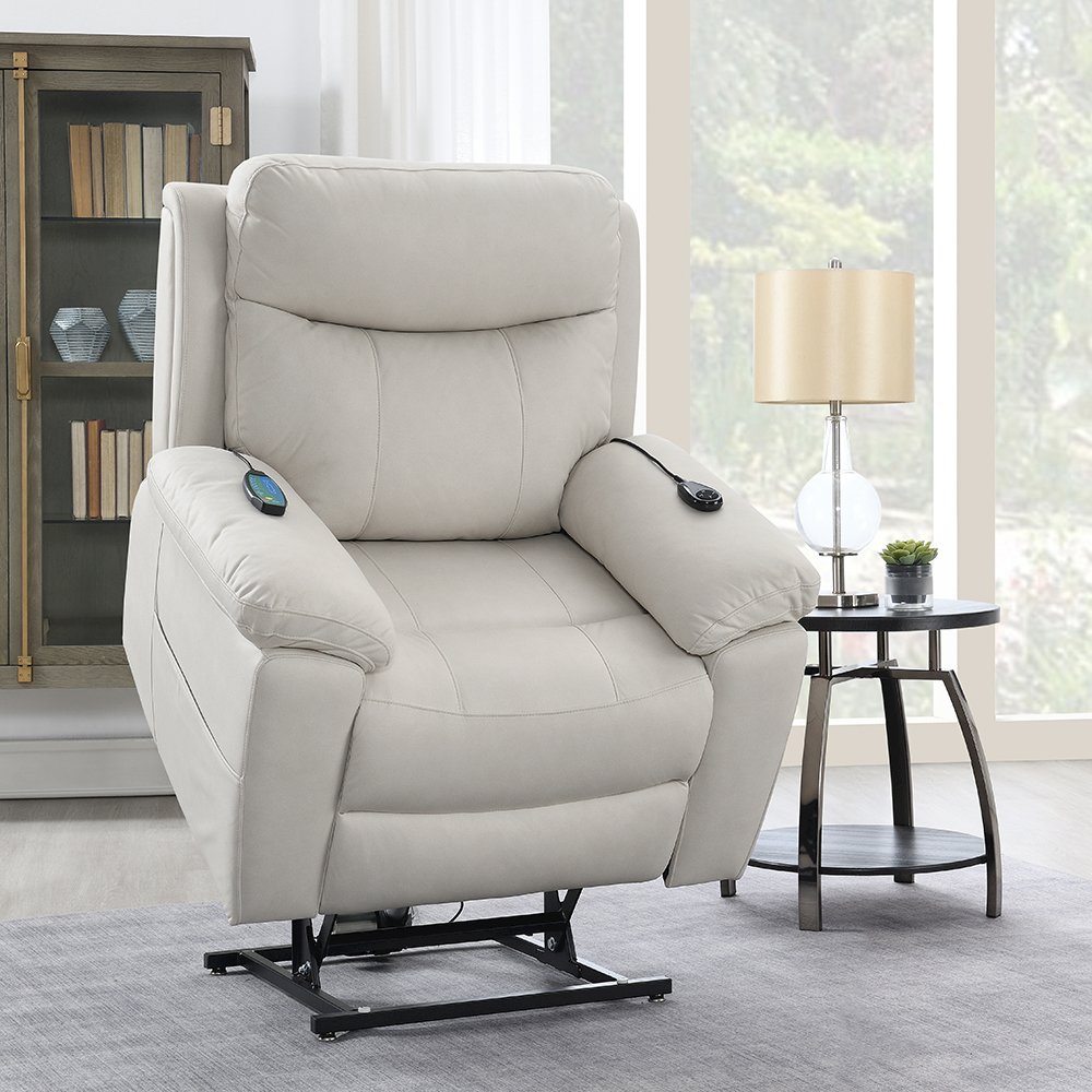 Chriki Power Recliner w/Lift & Heating & Massage, Beige Polished Microfiber