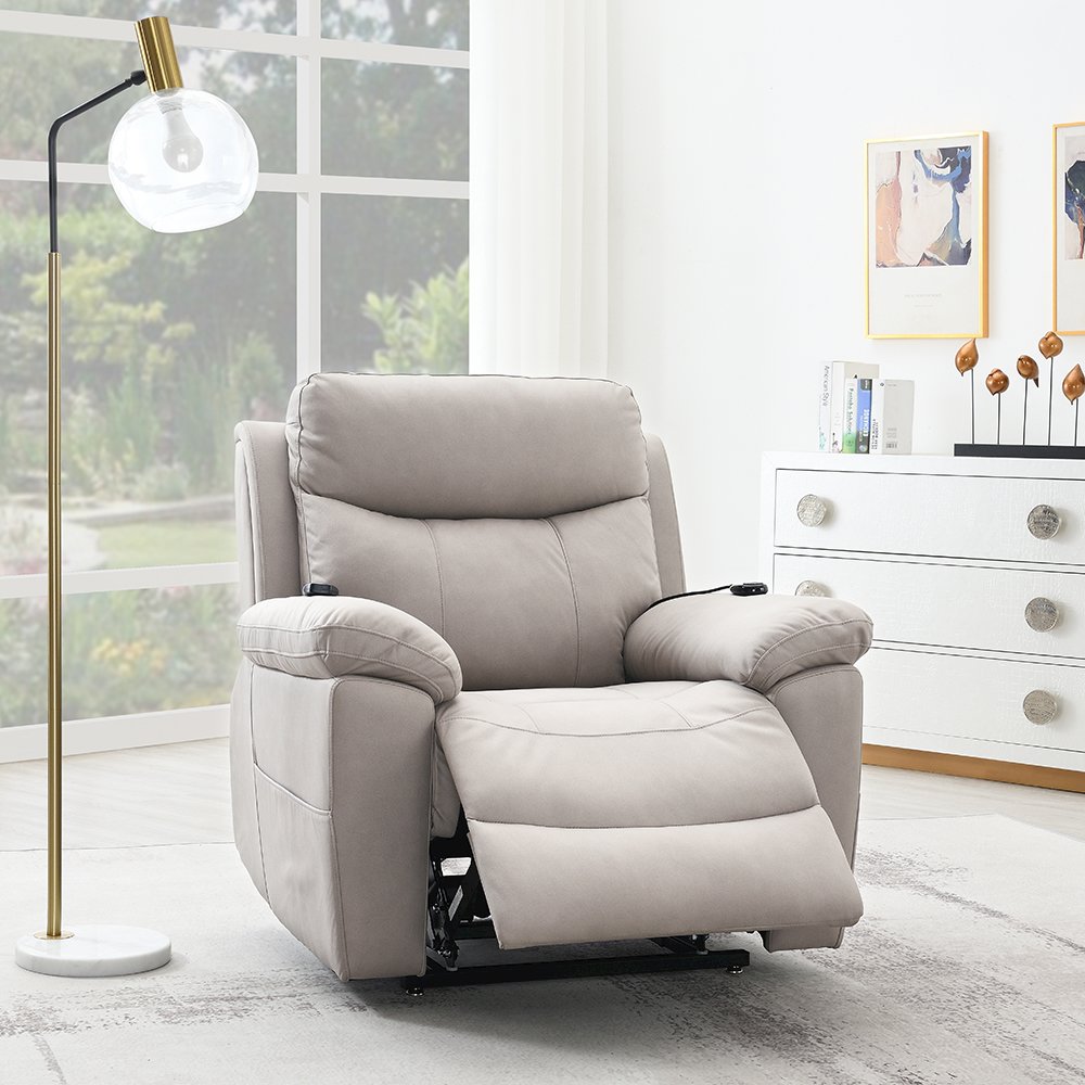 Chriki Power Recliner w/Lift & Heating & Massage, Light Gray Polished Microfiber