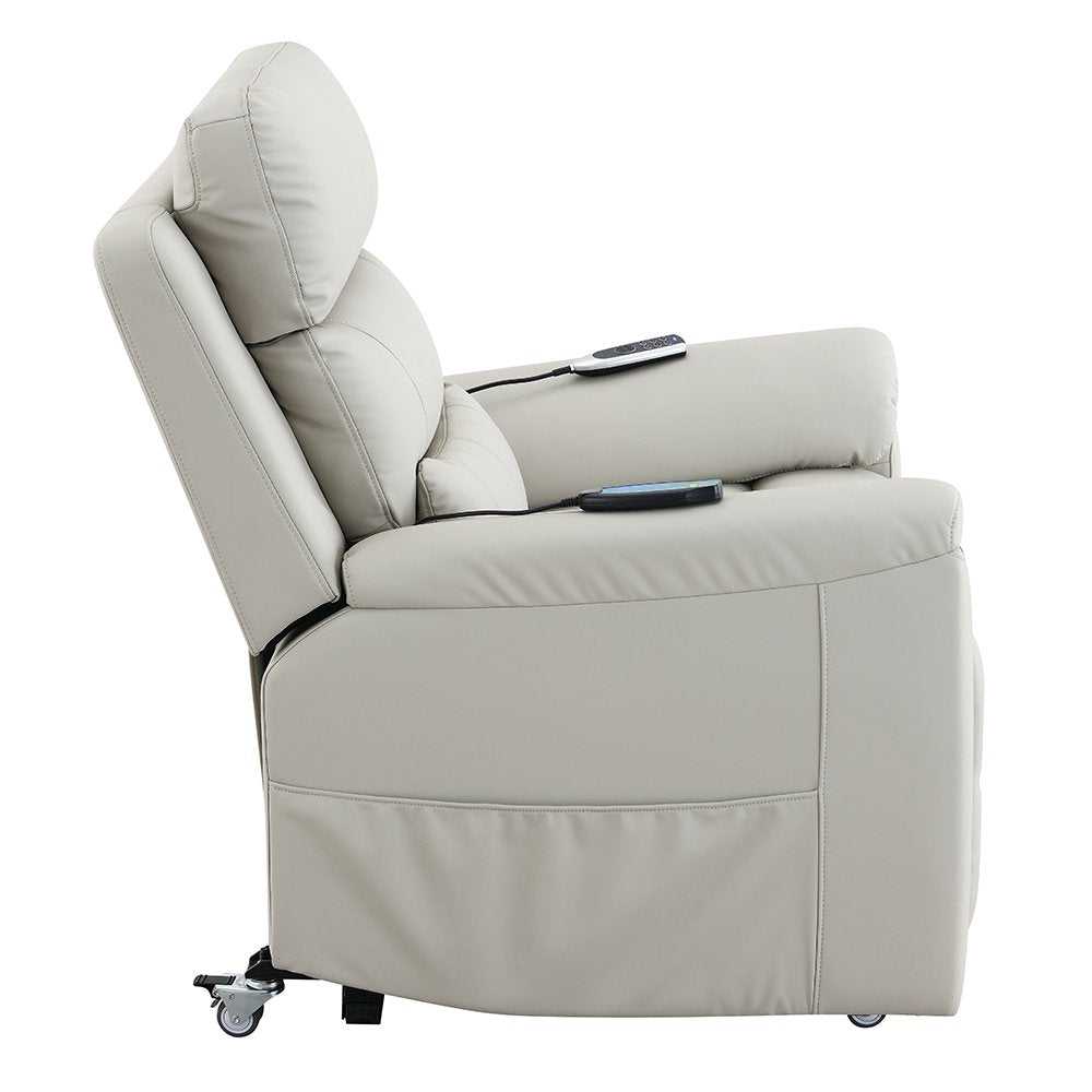 Marsha Power Recliner w/Lift, Heating & Massage, Light Gray Silicone Leatherette