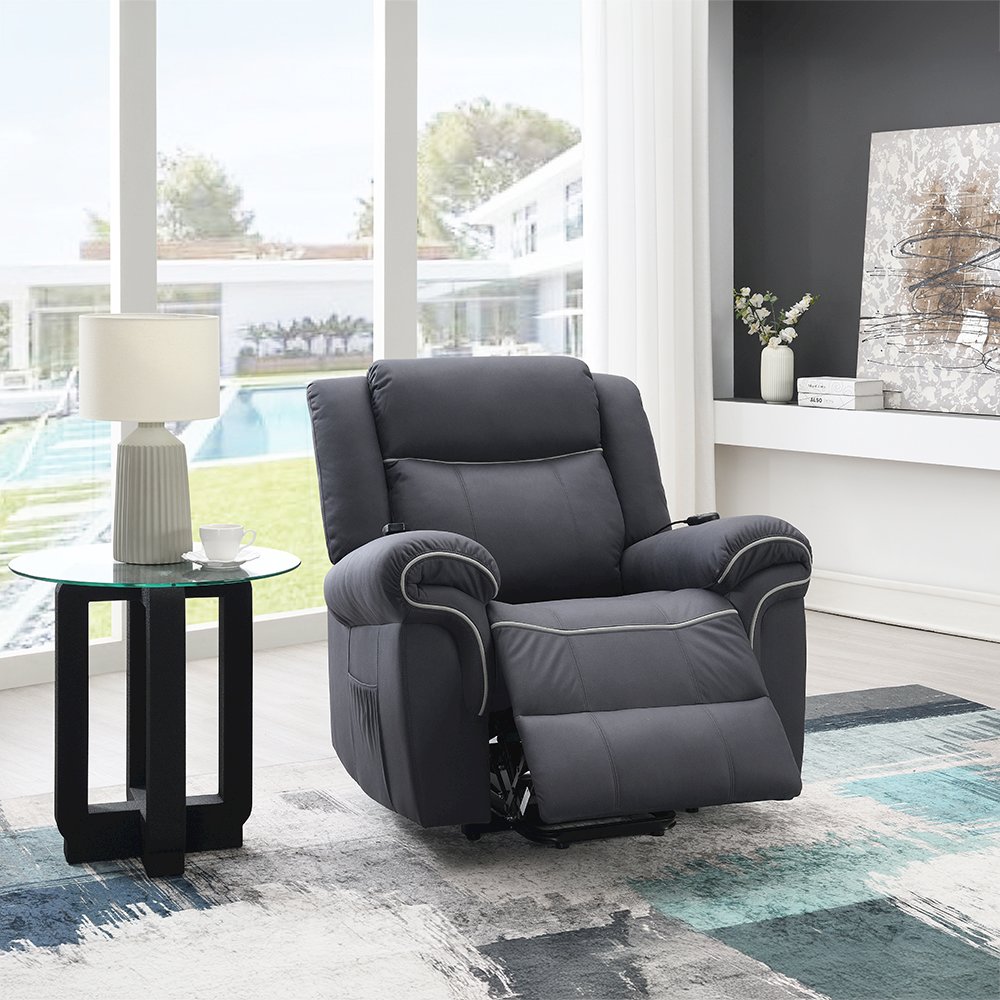 Domana Power Recliner w/Lift & Heating & Massage, Dark Blue Polished Microfiber