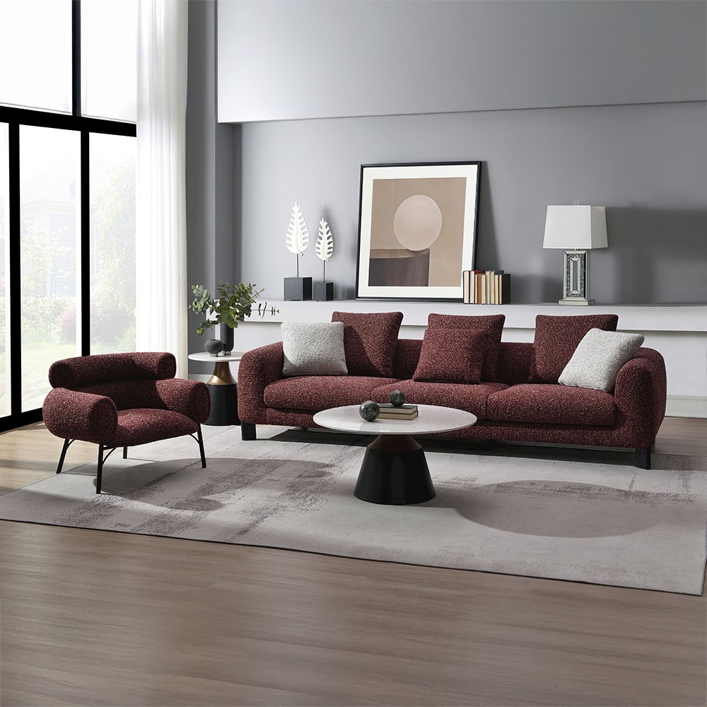 Mardi Sofa w/6 Pillows, Maroon Tweed