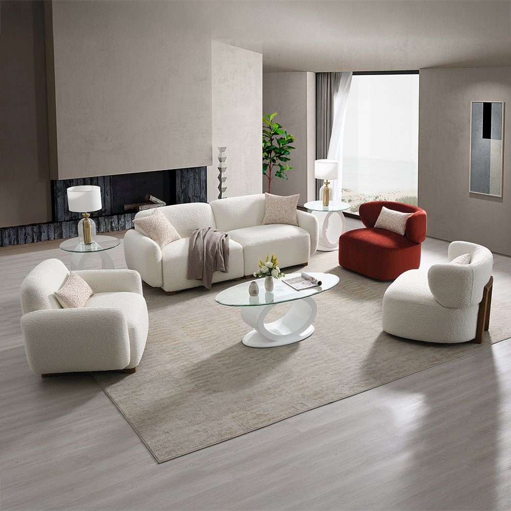 Darius Sofa w/2 Pillows, Beige Boucle