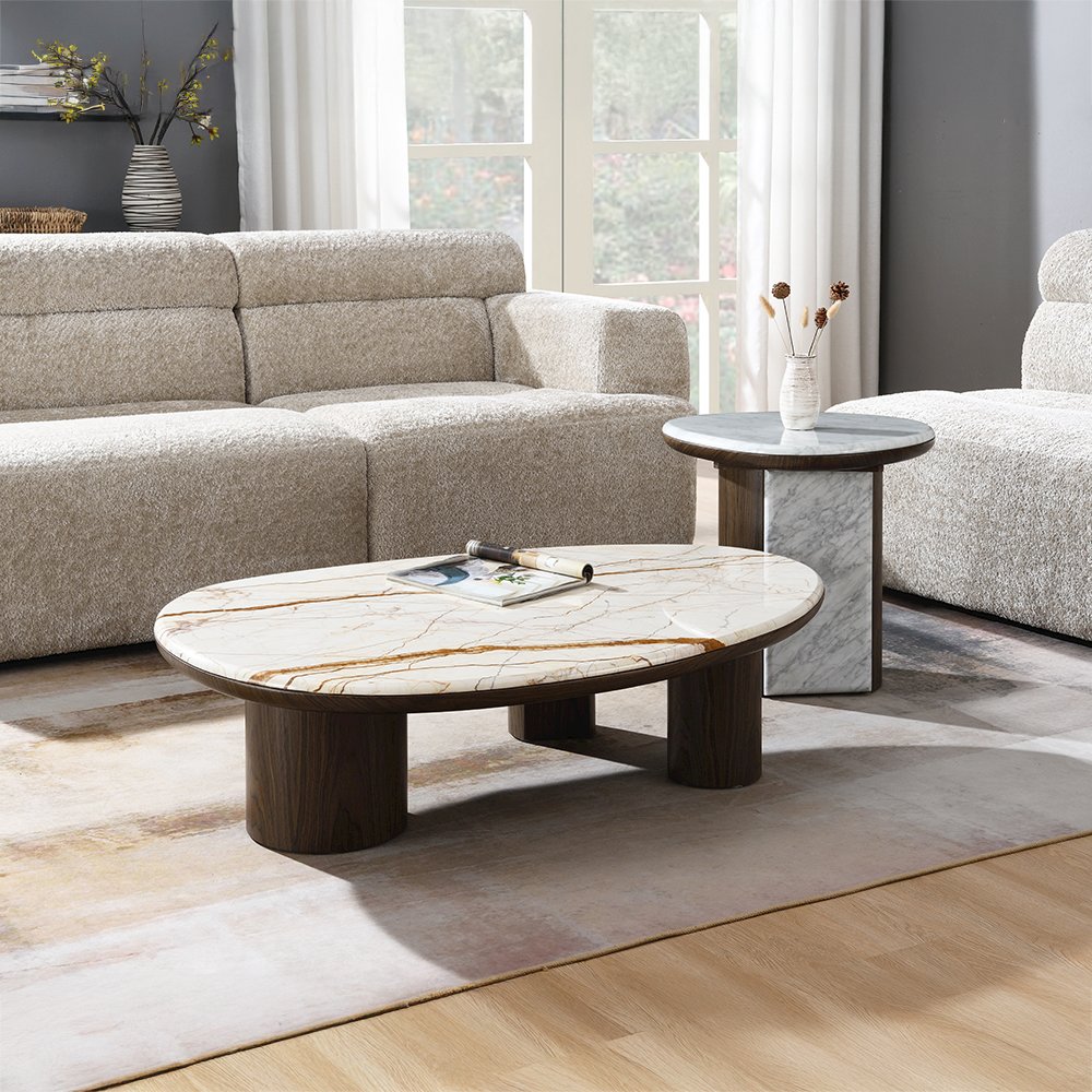 Haidar End Table w/Natural Marble, Natural Marble & Brown