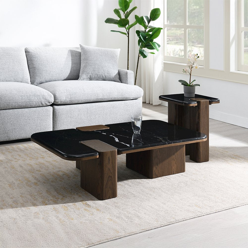Dana End Table w/Natural Marble, Natural Marble Top & Dark Walnut