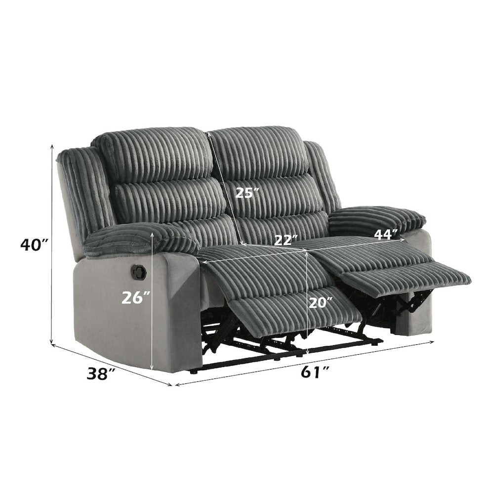 Lesley Motion Loveseat, Gray Corduroy & Velvet