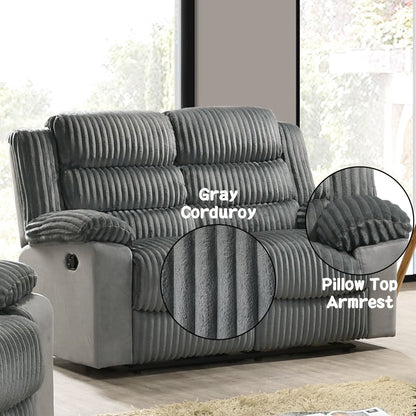 Lesley Motion Loveseat, Gray Corduroy & Velvet