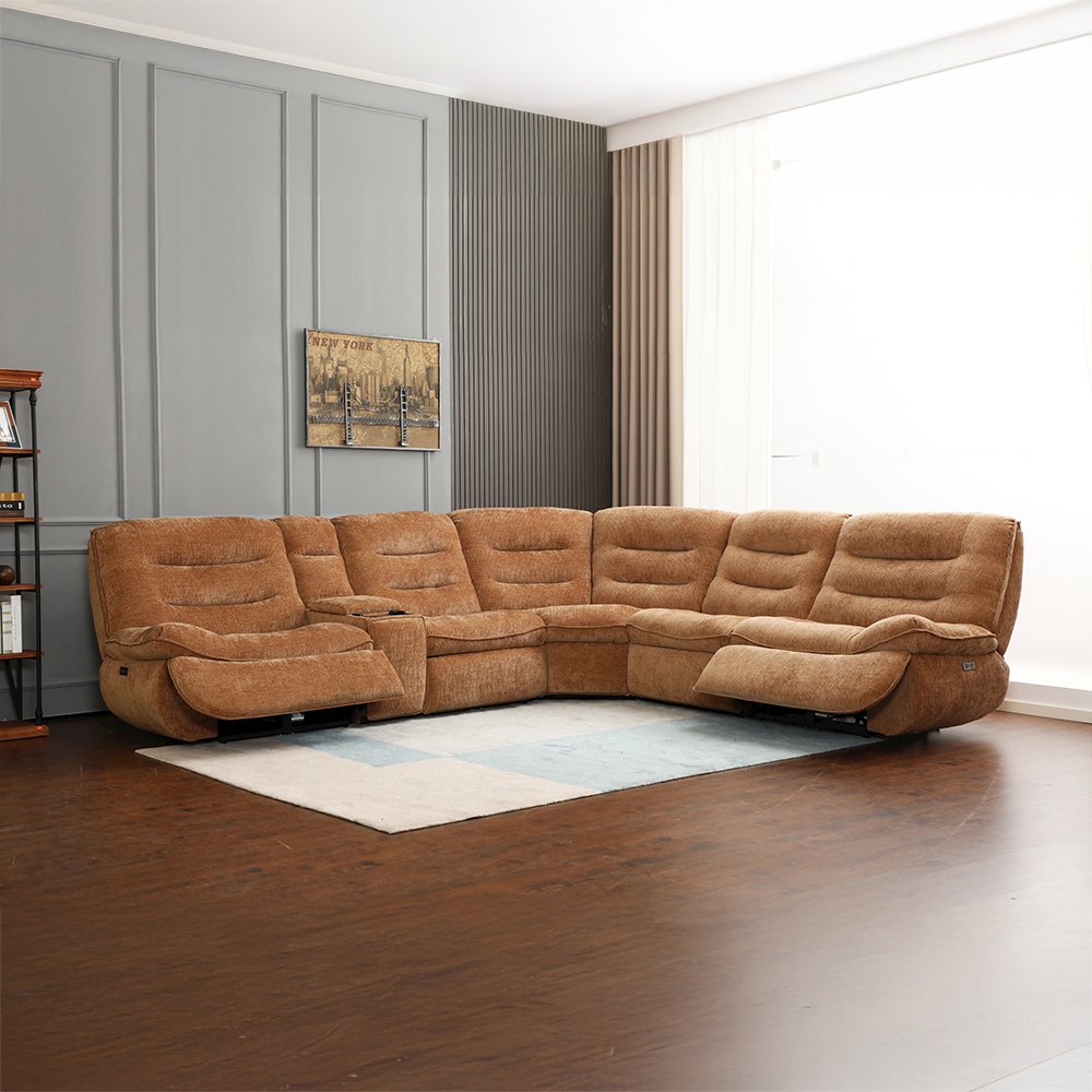 Emmy Power Motion Sectional Sofa w/USB Port, Orange Chenille