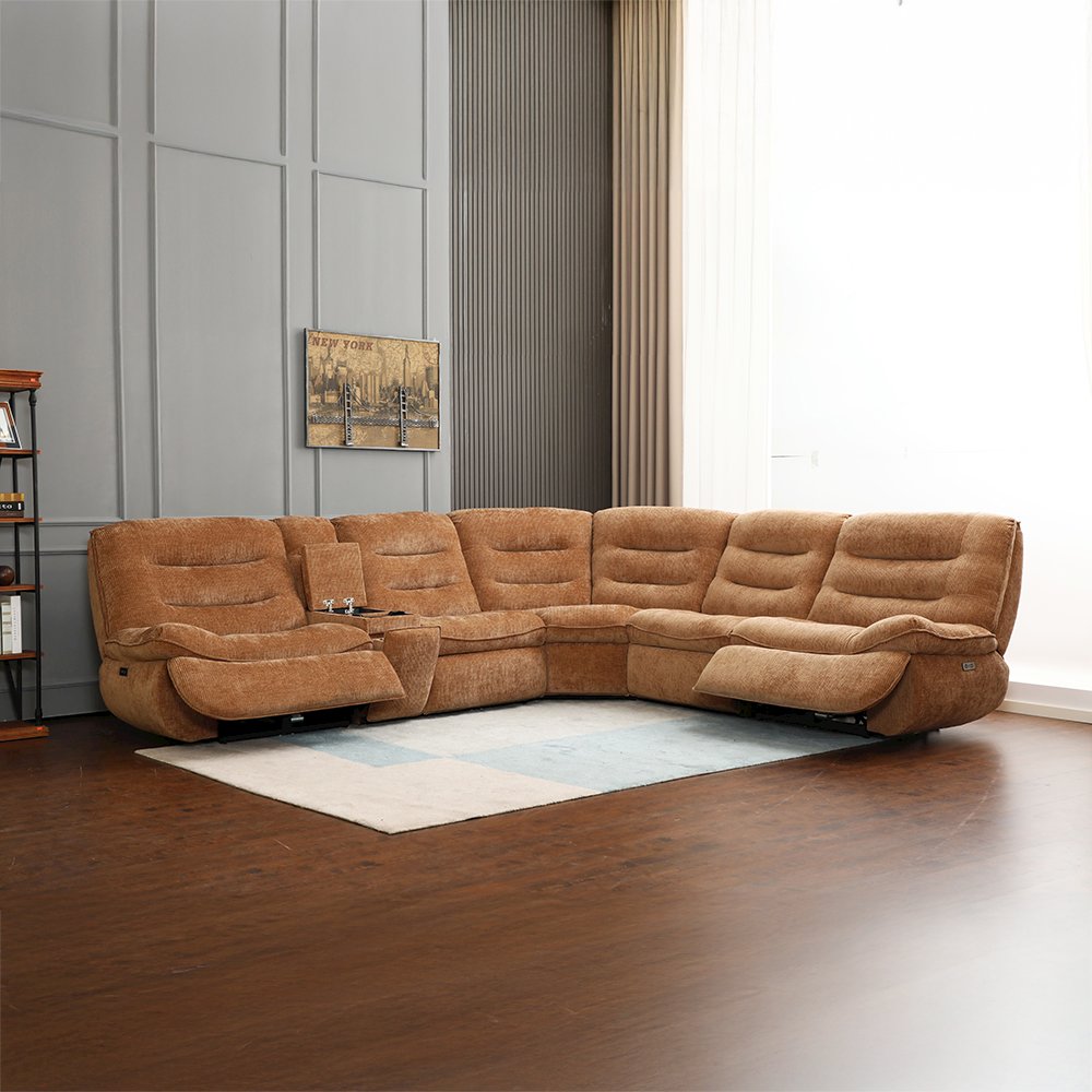 Emmy Power Motion Sectional Sofa w/USB Port, Orange Chenille