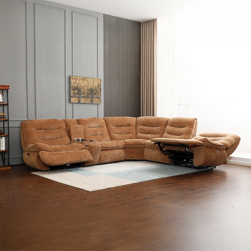 Emmy Power Motion Sectional Sofa w/USB Port, Orange Chenille