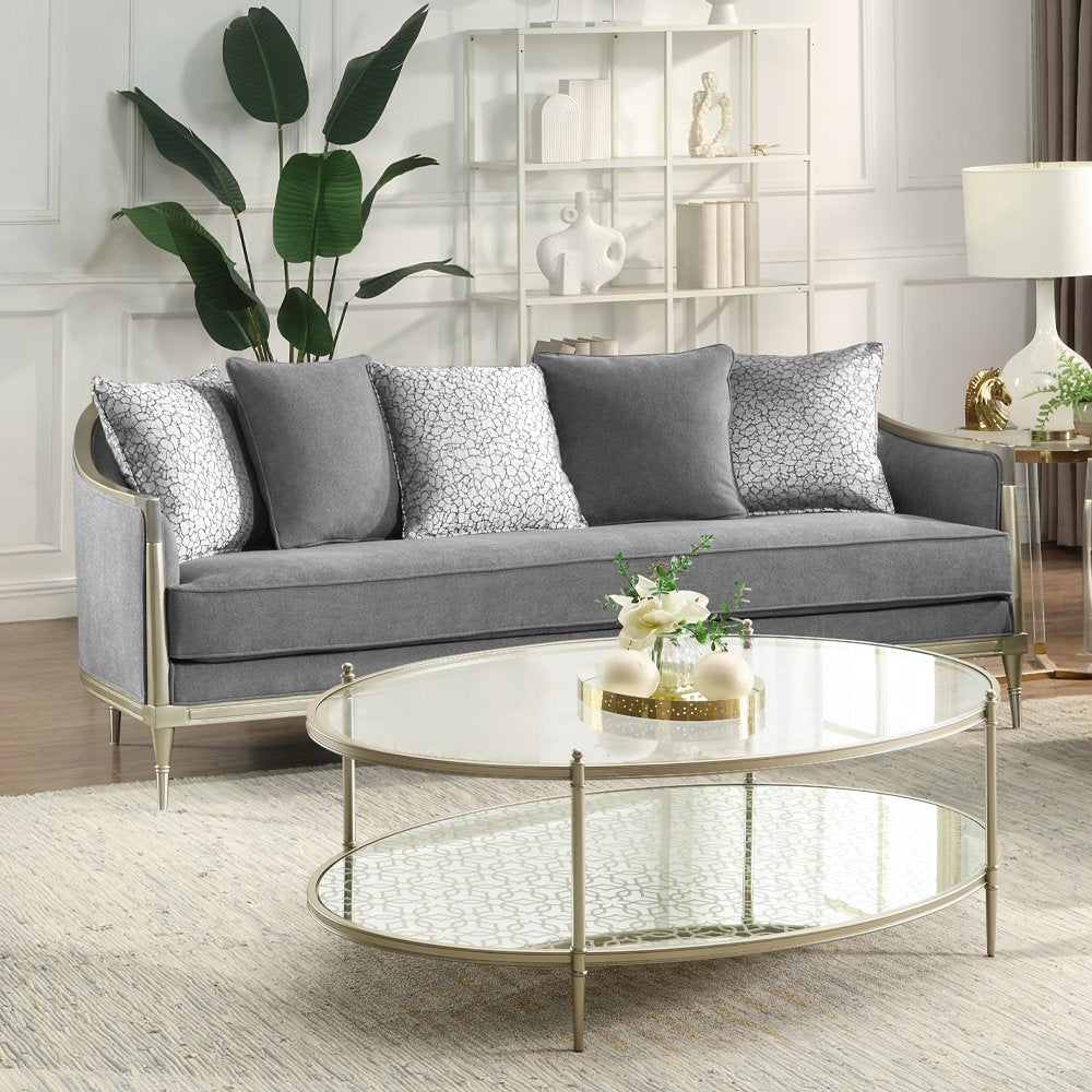 Fernando Sofa w/5 Pillows, Gray Chenille & Champagne