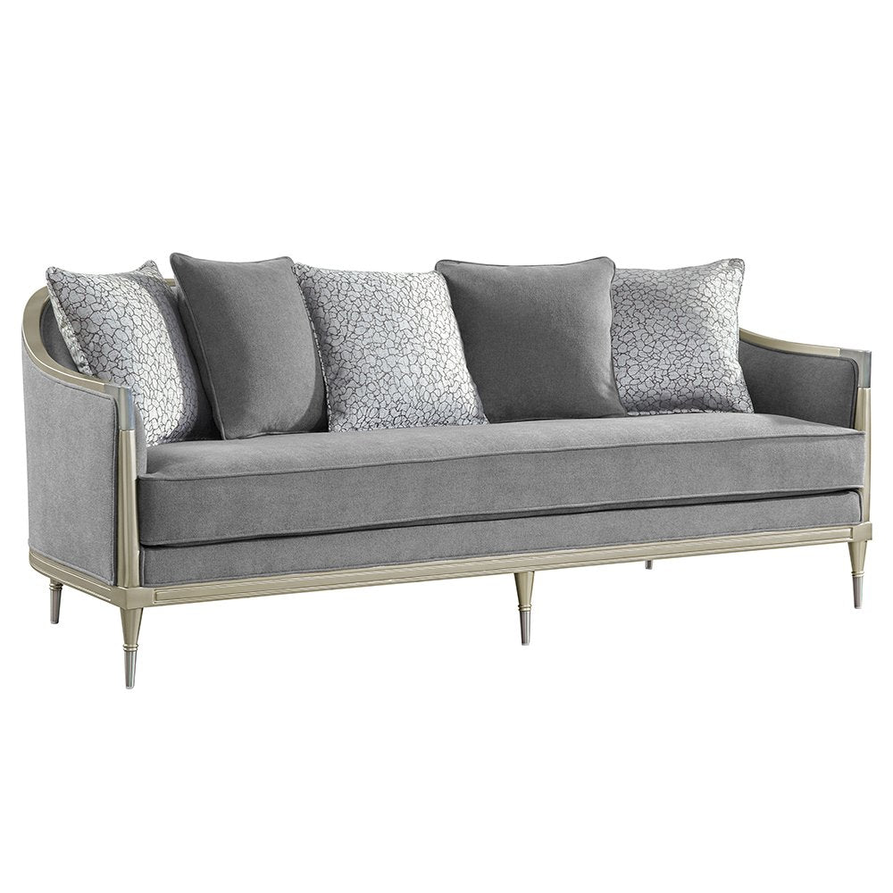 Fernando Sofa w/5 Pillows, Gray Chenille & Champagne