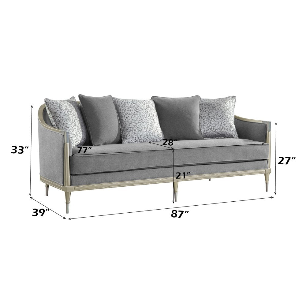 Fernando Sofa w/5 Pillows, Gray Chenille & Champagne