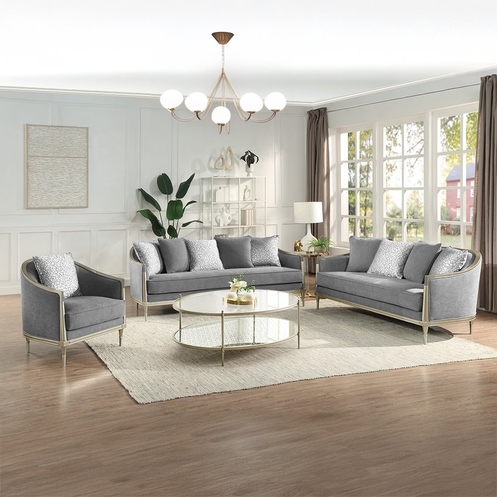 Fernando Sofa w/5 Pillows, Gray Chenille & Champagne