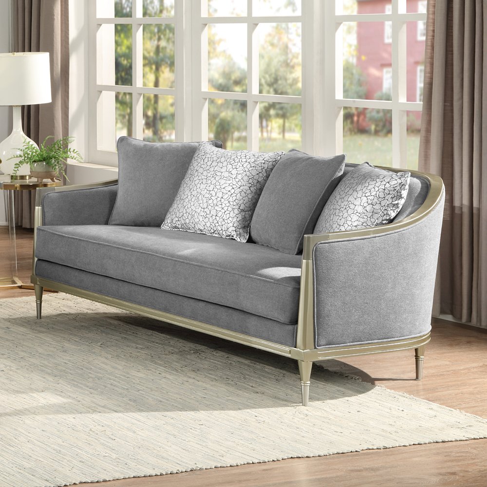 Fernando Loveseat w/4 Pillows, Gray Chenille & Champagne