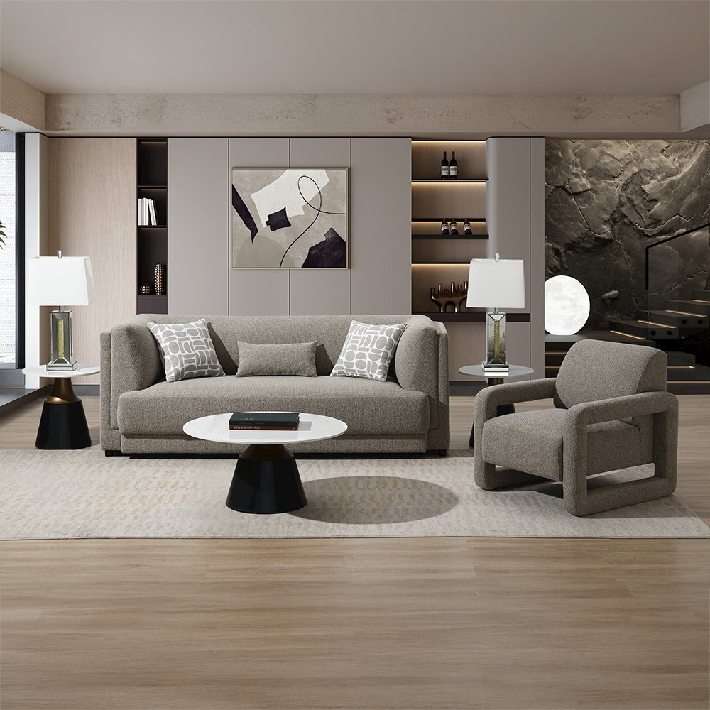 Glenda Sofa w/3 Pillows, Gray Boucle