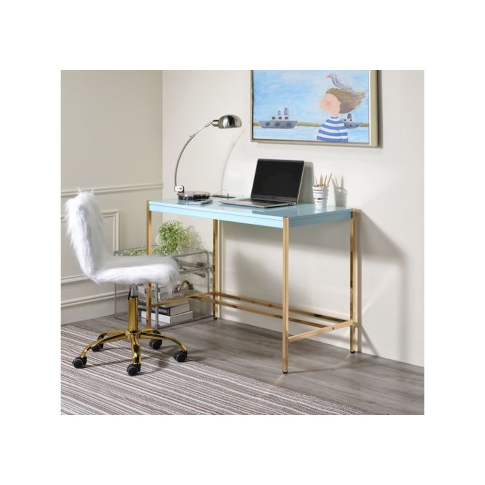 Midriaks Writing Desk w/USB Port, Baby Blue & Gold