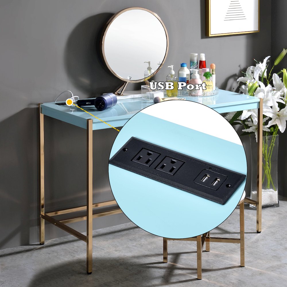 Midriaks Writing Desk w/USB Port, Baby Blue & Gold