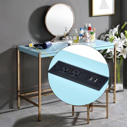 Midriaks Writing Desk w/USB Port, Baby Blue & Gold