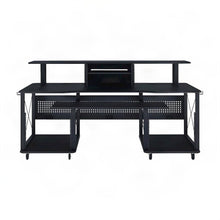 Metal and Wood Veneer Music Studio Desk, Industrial Workstation, Black