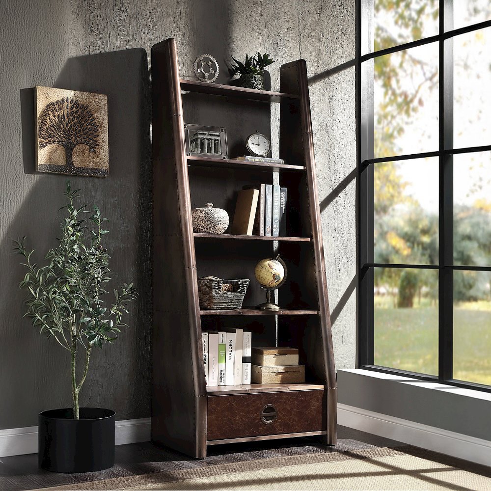 Brancaster Bookcase, Bronze Aluminium & Morrocco Top Grain Leather
