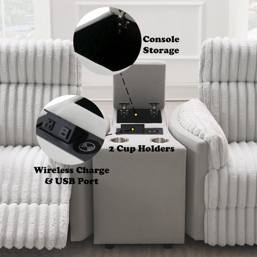 Emee Console w/USB Port, Cup Holder & Wireless Charge, Gray Corduroy