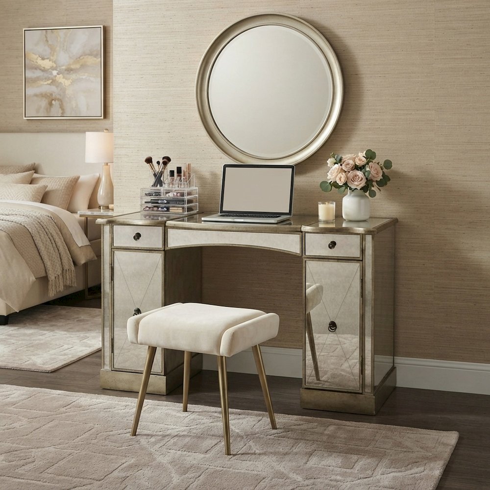 Starlight Canyon Home Vanity Table with Mirrored Top and Storage, Silver