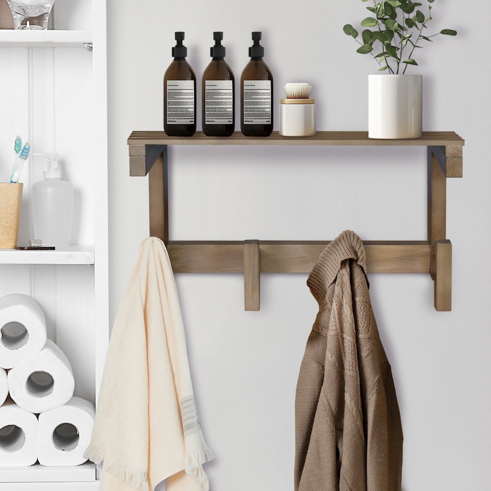 100% Solid American Hardwood Floating Wall Mounted Hook with Shelf - Autumn Gray