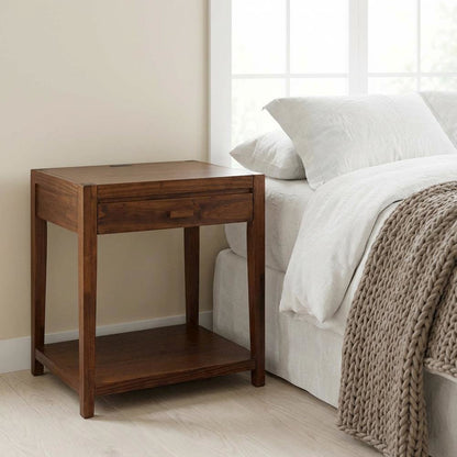 Warm Brown Nightstand with Usb Port and Solid Wood Construction