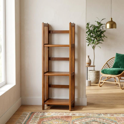 Brown Honey Oak Folding Bookshelf with Foldable Shelf Frame and 3 Fixed Tiers