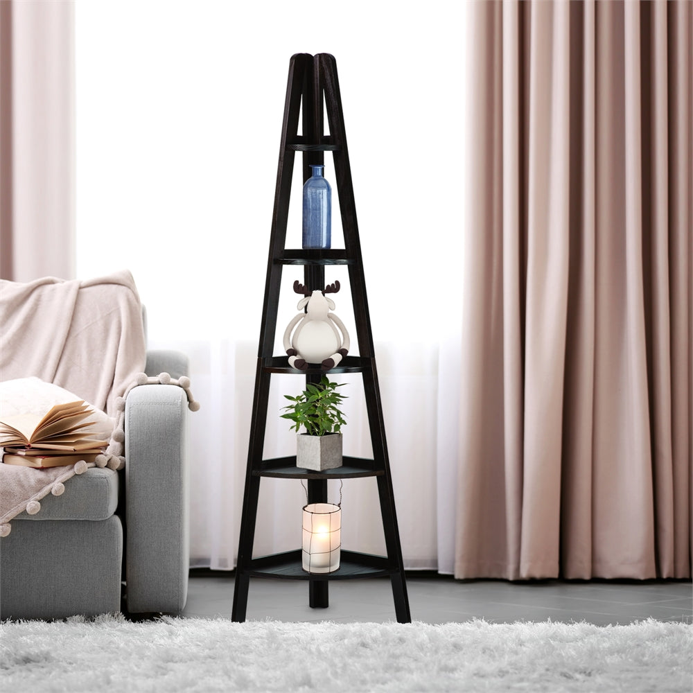 5-Shelf Corner Ladder Bookcase-Espresso