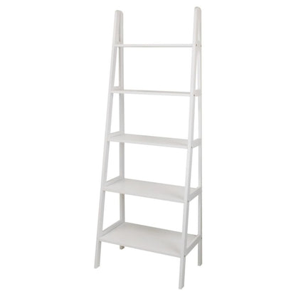White Ladder Shelf with 5 Tiers, Solid Wood Frame and Decorative Design