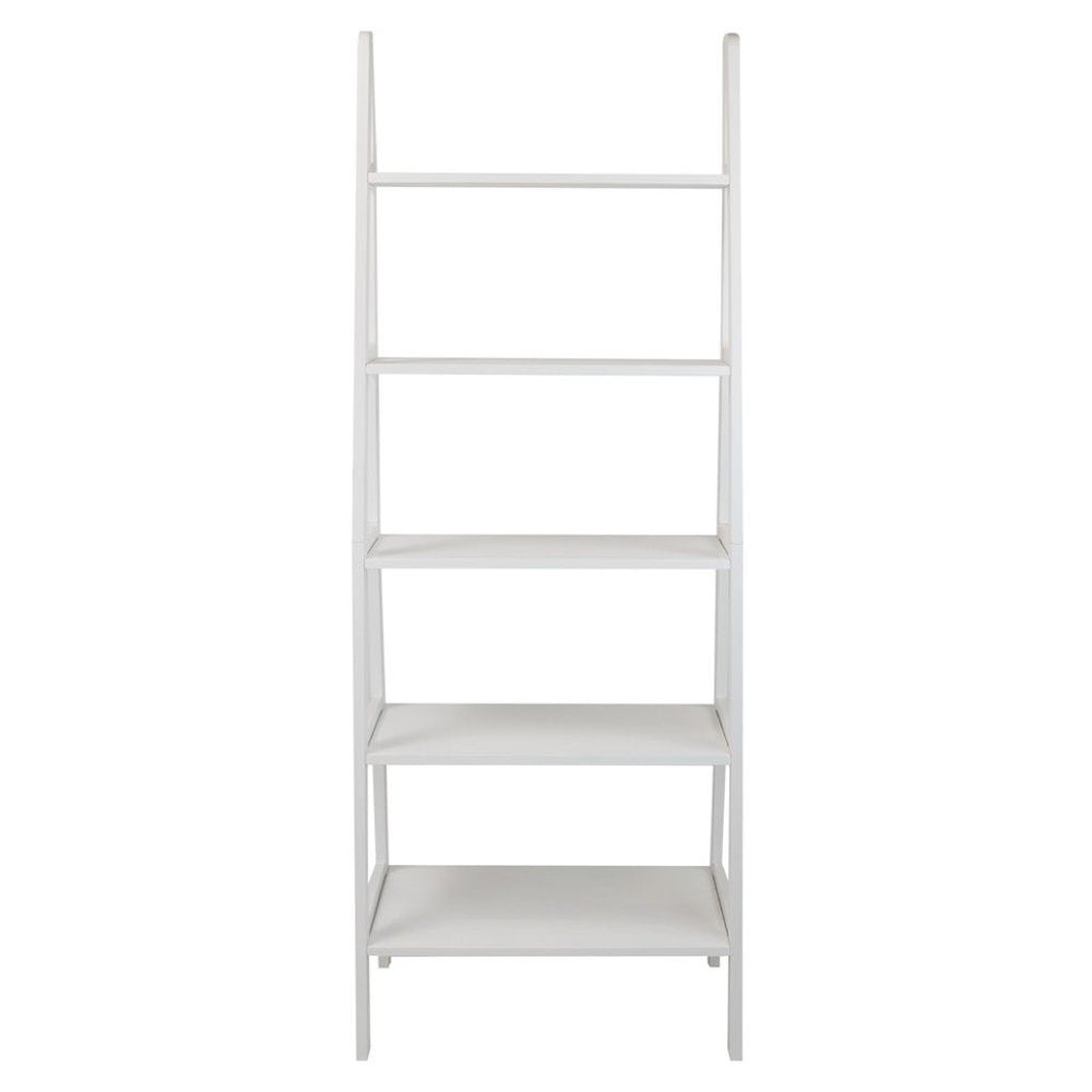White Ladder Shelf with 5 Tiers, Solid Wood Frame and Decorative Design