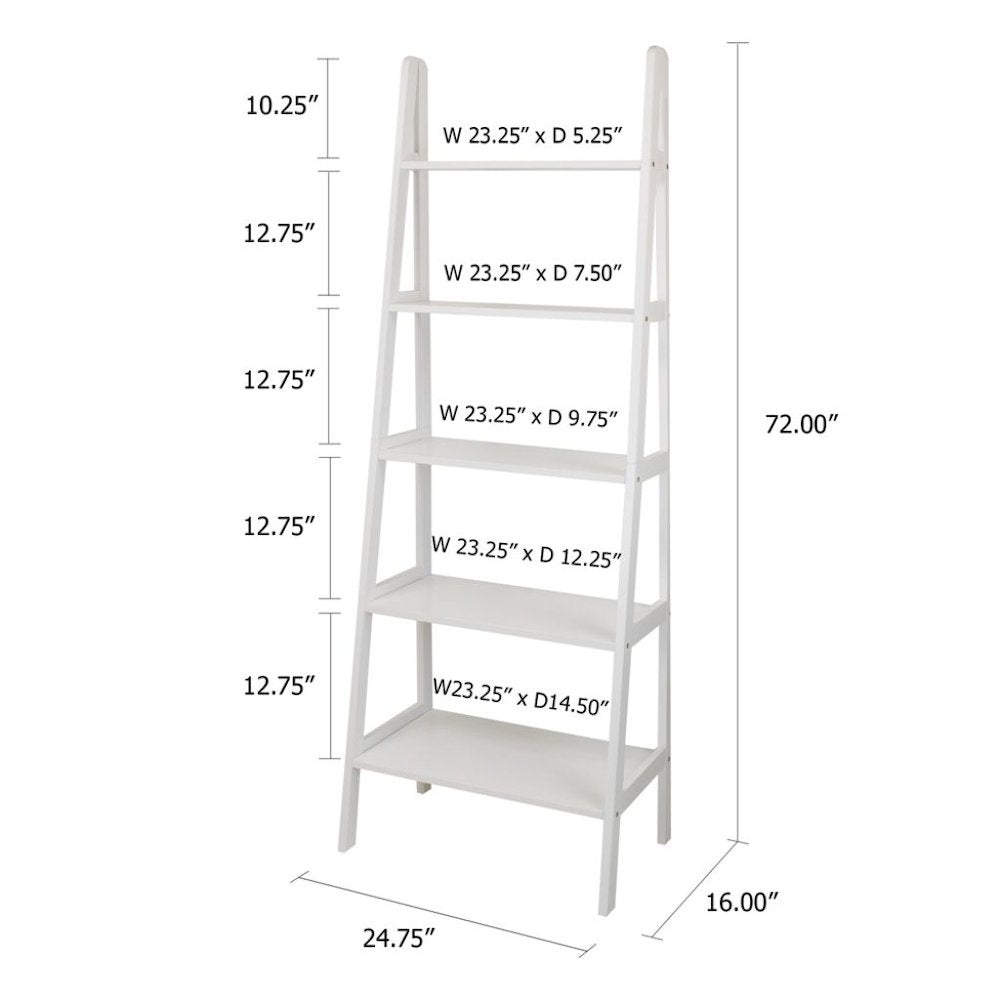 White Ladder Shelf with 5 Tiers, Solid Wood Frame and Decorative Design