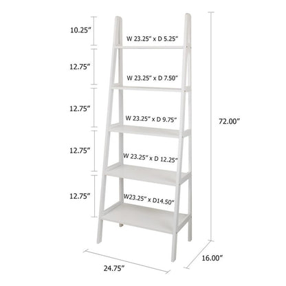 White Ladder Shelf with 5 Tiers, Solid Wood Frame and Decorative Design