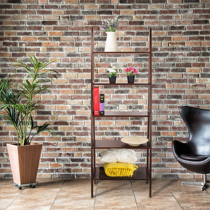 5-Shelf Ladder Bookcase-Warm Brown