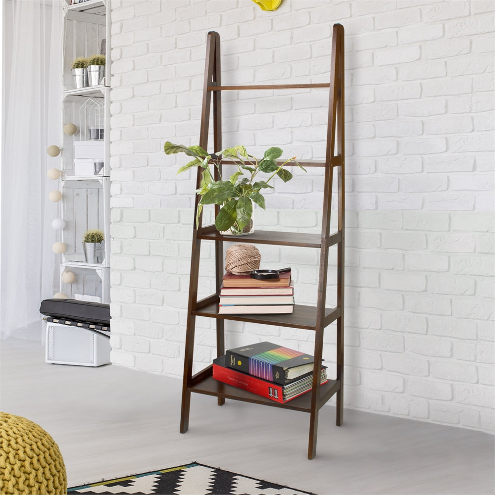 5-Shelf Ladder Bookcase-Warm Brown