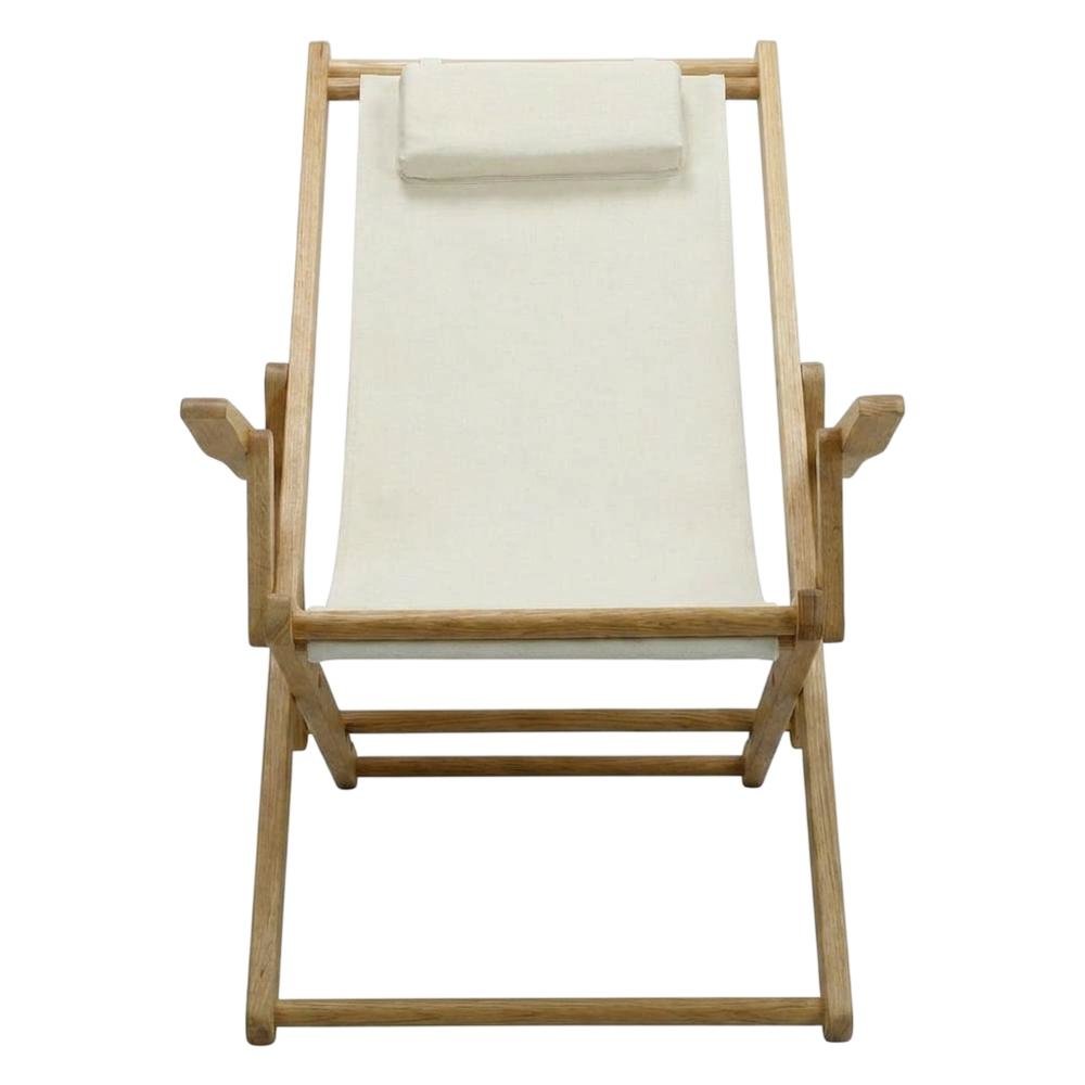 Beige Sling Chair, Natural Wood Frame, Folding Outdoor Accent