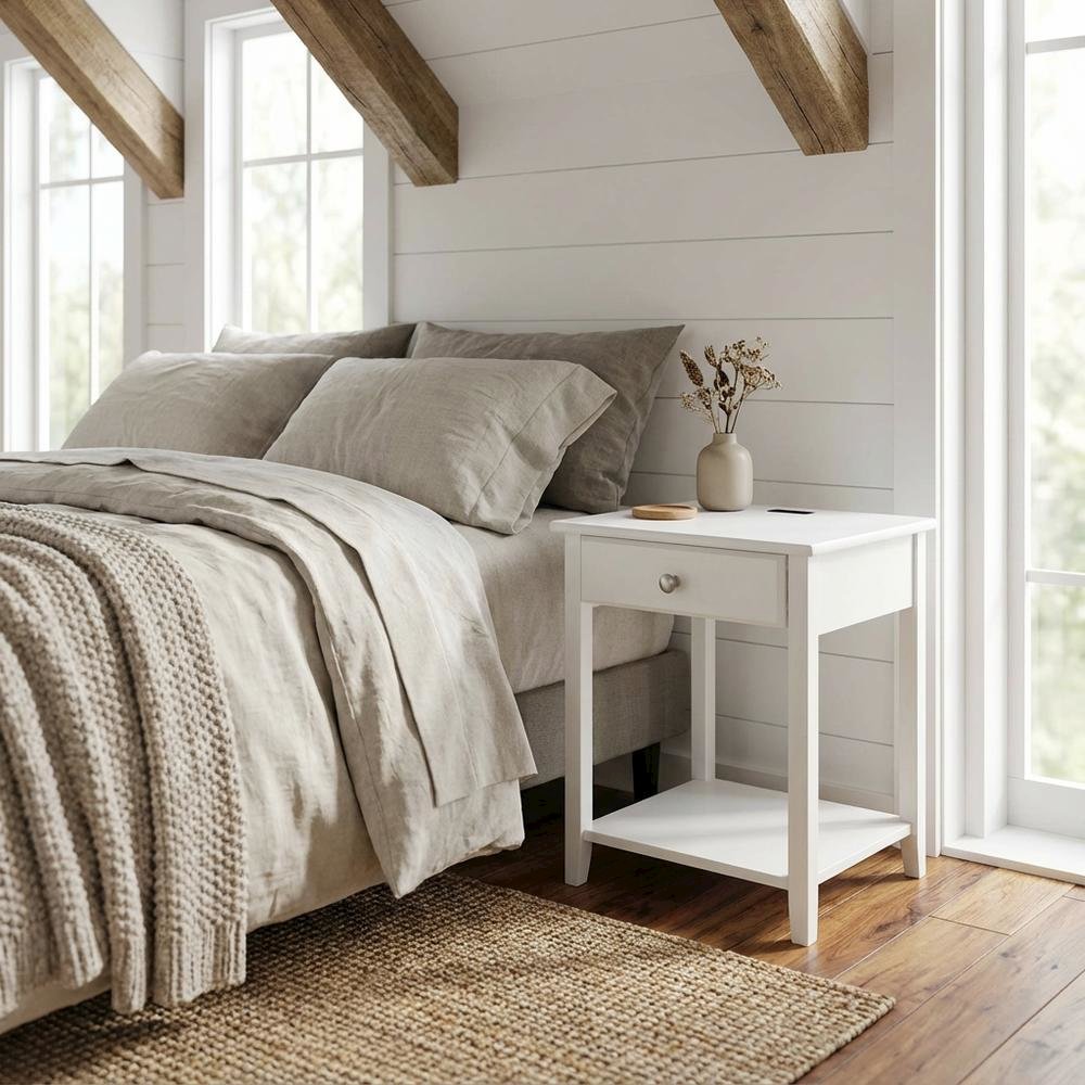 White Nightstand with Usb Port and Single Drawer for Bedroom Storage