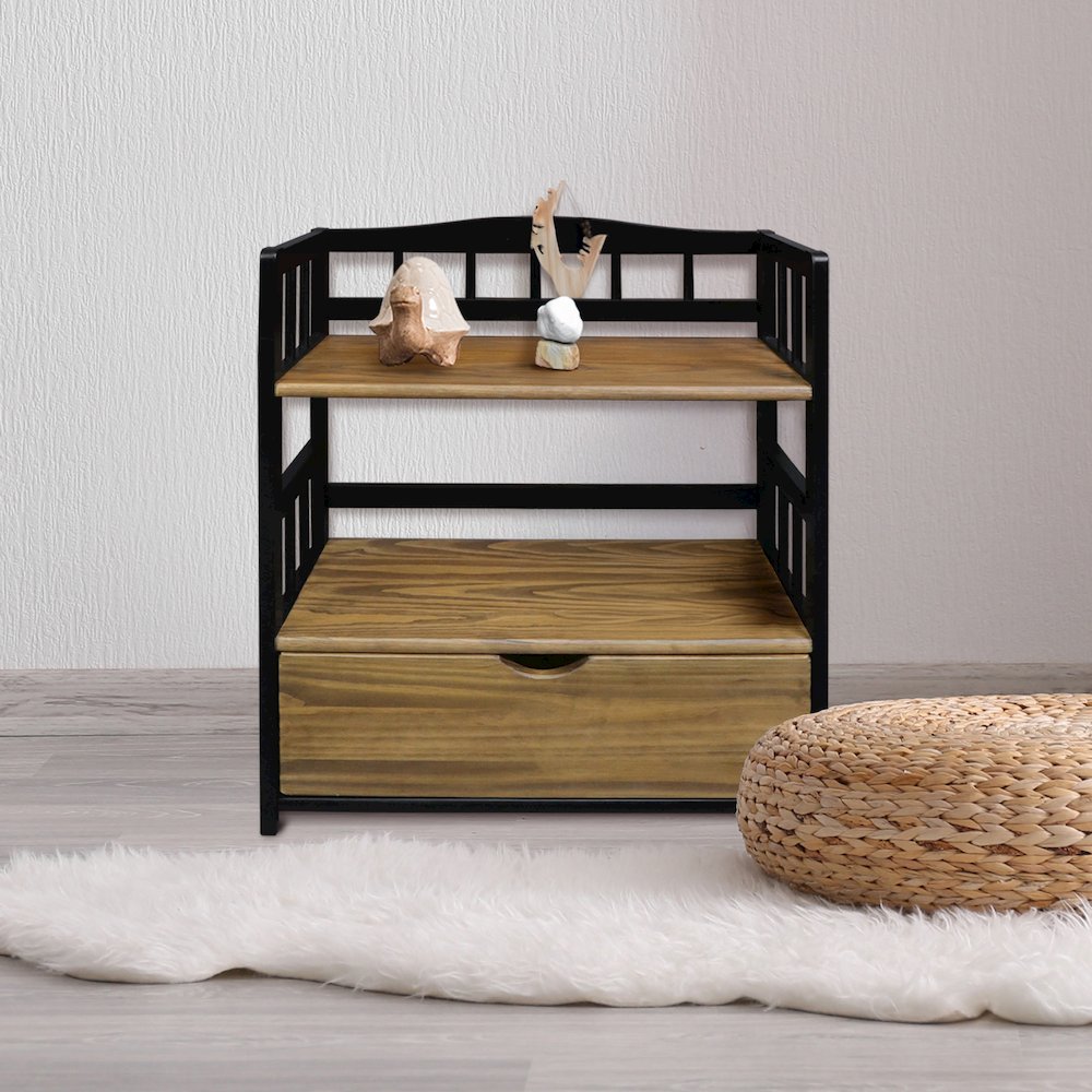 Solid Wood 2-Tier Small Bookshelf with Drawer
