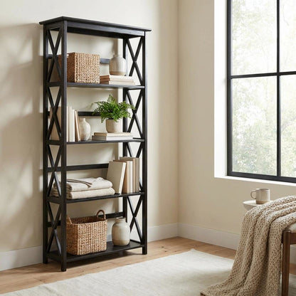 Wooden bookcase with tall open shelves and sturdy construction