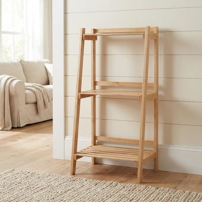 Wooden Slatted 3-Shelf Ladder Bookcase with Solid American Gum Finish