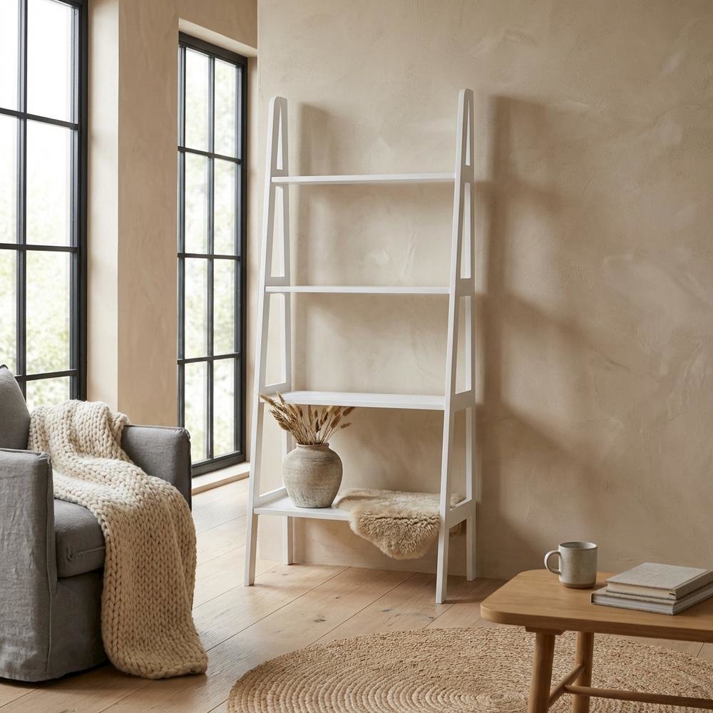 White 4-Shelf Ladder Bookcase with Spacious Storage